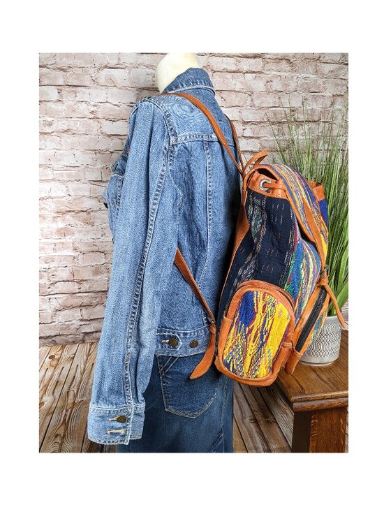 Handmade Woven Backpack Leather Trim Boho Tribal Stripe Ethnic Rucksack Nice! main image 4
